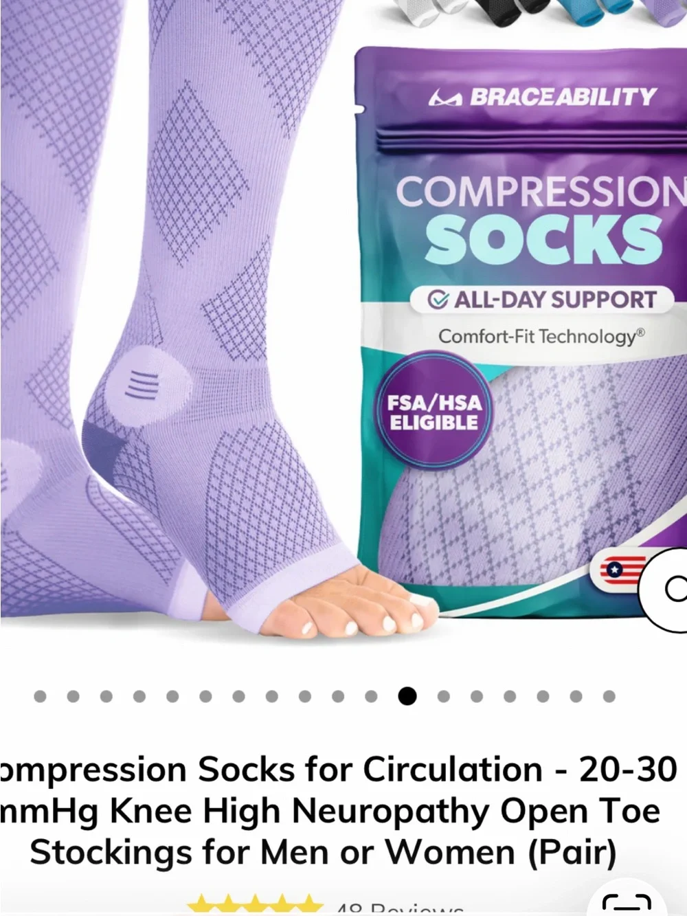 Womens Lilac. Brace Ability toeless Compression Socks. L/XL. 20-30 comp. New!